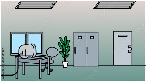 シンプルなオフィス室内の背景イラスト・デスクやロッカーのあるビジネス空間素材