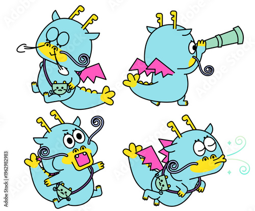 かわいいドラゴンキャラクターのポーズセット・日常やリアクションを表現したイラスト素材