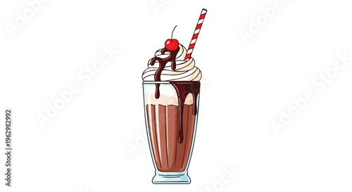 Sweet chocolate milkshake drawing with fluffy whipped cream dark syrup a juicy cherry and a playful straw perfect for delightful beverage designs