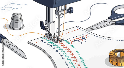 Sewing Machine Foot Stitching Decorative Embroidery Patterns on Fabric with Tailoring Tools, Scissors, and Measuring Tape Illustration