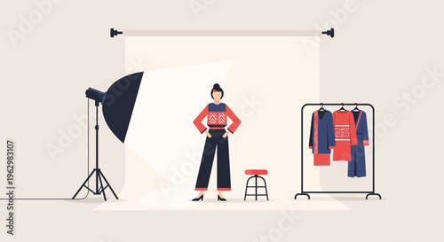 Flat Vector Illustration of a Professional Fashion Photography Studio Session with Model, Studio Lights, and Clothing Rack