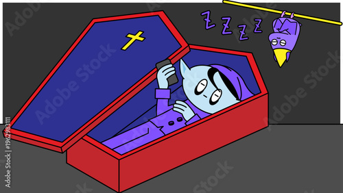 棺桶をリモコンで操作するキャラクターのイラスト・ホラーと日常を組み合わせたコミカル素材