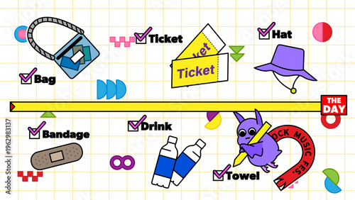 夏フェスの持ち物チェックリスト｜チケット・水・帽子など準備アイテムのイラスト素材