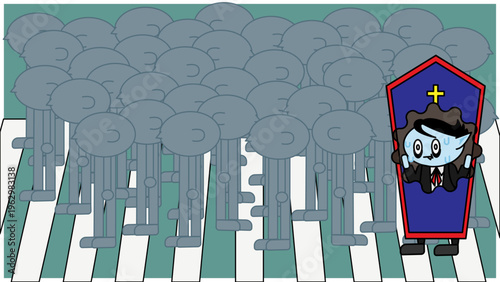 ハロウィンイベントで人混みに疲れるキャラクター｜混雑・ストレス・行列のイラスト素材