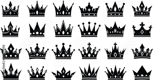 Crown icon set with royal king queen symbols luxury vector silhouette collection elegant emblem design for branding identity