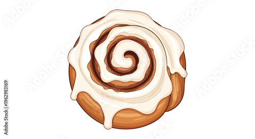 Delicious spiral cinnamon bun with sweet creamy glaze illustration perfect for breakfast or dessert concepts