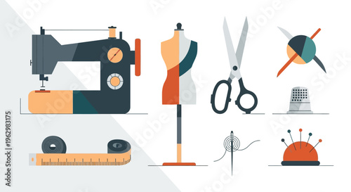 Flat Sewing and Tailoring Equipment Icon Set - Minimalist Dressmaking Vector Illustrations
