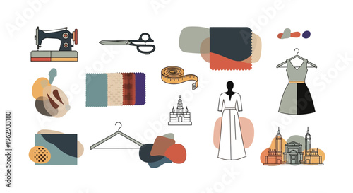 Fashion Design and Tailoring Icon Set with Sewing Machine, Fabric Swatches, and Dress Silhouettes in Flat Vector Style