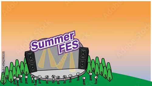 夏フェスのステージと観客｜余白ありバナー用イベントイラスト素材