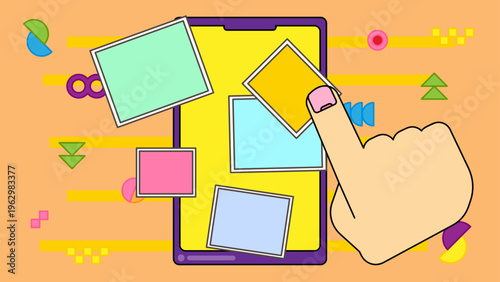 スマホで写真を選ぶシーン｜ポップでカラフルなUI風イラスト素材