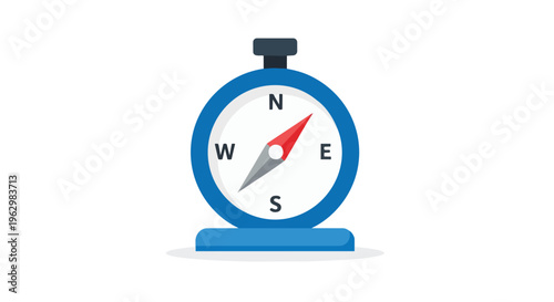 This clear digital illustration displays a classic navigational compass with a vibrant blue casing and a distinct red needle indicating direction on