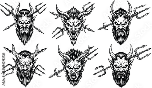 Demonic devil face illustrations, horned monster silhouettes with tridents, fantasy horror vector artwork, dark mythology design elements, flat vector illustration
