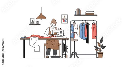 Minimalist Illustration of a Professional Tailor Using a Sewing Machine in a Fashion Design Studio with Mannequin and Clothing Rack