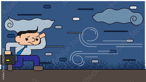 強風の通勤｜疲れたビジネスマンのイラスト（風・ストレス表現）