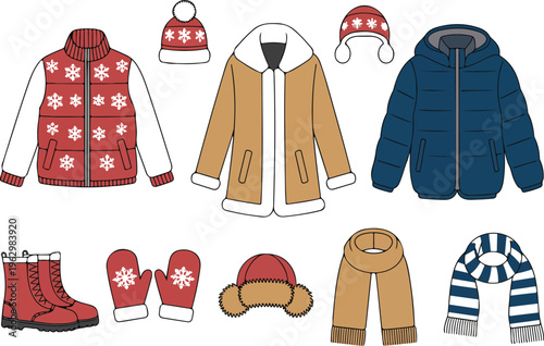 Cozy winter fashion clothing set including jackets scarves gloves hats boots and warm seasonal apparel vector illustration