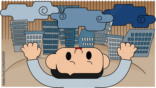 社会に押しつぶされる会社員｜ストレス・圧迫・現代社会のイラスト