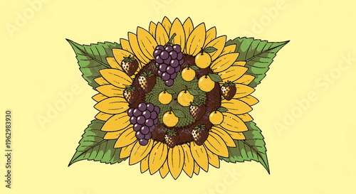 A colorful arrangement of sunflowers and grapes in a circular pattern on a bright yellow background with green leaves