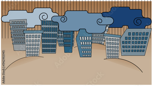 歪んだ都市背景｜ストレス・圧迫感のあるビル街イラスト素材