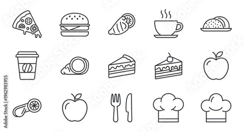 Collection of Food and Cooking Icons - Pizza, Burger, Coffee, and More.