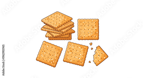 A cheerful illustration depicting a stack of crispy square crackers, alongside several intact single pieces and a crumbly broken one, on a crisp