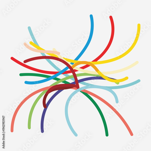 A vibrant abstract composition featuring colorful, curved lines