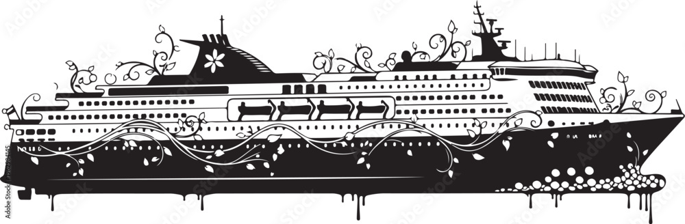 Obraz premium Black cruise ship with floral and silhouetted people