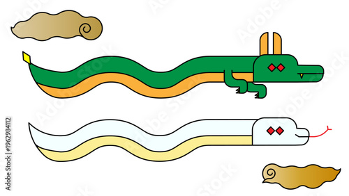 和風デザインの龍と白蛇 縁起物と開運をイメージしたフラットイラスト