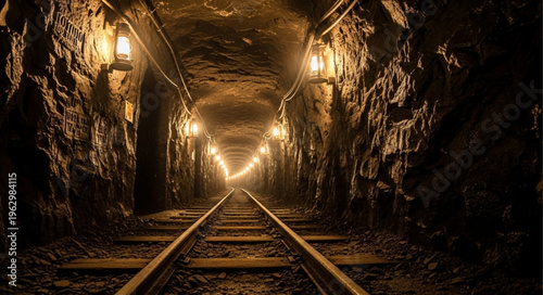 Illuminated Railroad Tracks Leading Through a Dark and Mysterious Mine.