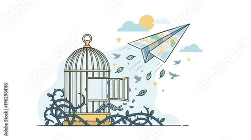 Paper Airplane, Open Birdcage, Flying Map, Birds Escaping Thorns, Freedom, Business Navigation, Outline Vector, Pastel Tones, Illustration Graphic