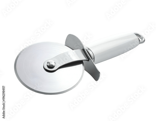 Sleek, modern kitchen tool with a polished metal wheel and white handle