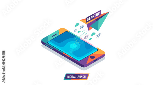 Isometric Smartphone and Paper Airplane with startup rocket flight representing technology business and digital growth, Vibrant flat isometric colorful vector illustration