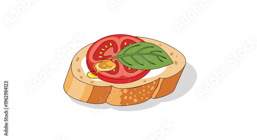 Delicious bruschetta illustration with fresh red tomato creamy spread green basil leaf and golden oil on toasted bread perfect appetizer for healthy