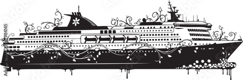 Black cruise ship with floral and silhouetted people