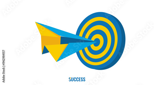 Paper airplane and bullseye hitting target, symbolizing ambition for business success and strategic goals, rendered in vibrant blue and yellow flat design as a clean vector graphic on white.