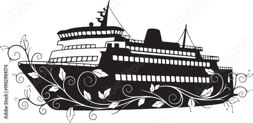 Black cruise ship with floral boat vessel floral leaves