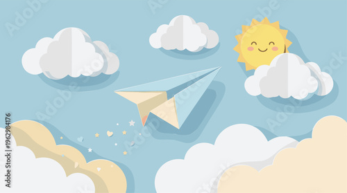 Paper Airplane flying through a whimsical sky with fluffy clouds, tiny hearts, stars, and a smiling sun, symbolizing freedom and childhood dreams, in a cheerful pastel flat paper cut style vector.