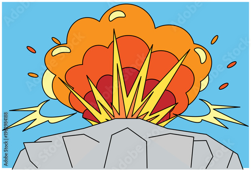 岩山と大爆発の背景イラスト ポップなアメコミ風エフェクト