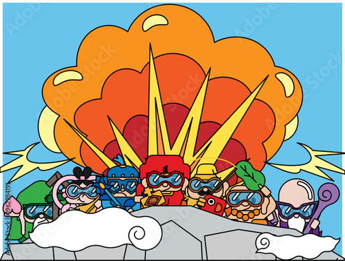 大爆発を背景に岩場に現れる七福神 ポップな開運イラスト