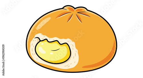 A delectable cartoon steamed bun with rich golden custard filling peeking out, rendered in a cheerful flat design on a pristine white background.
