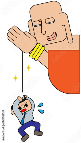 巨大な大仏に見守られ驚くビジネスマン 神頼みと天啓のイメージイラスト