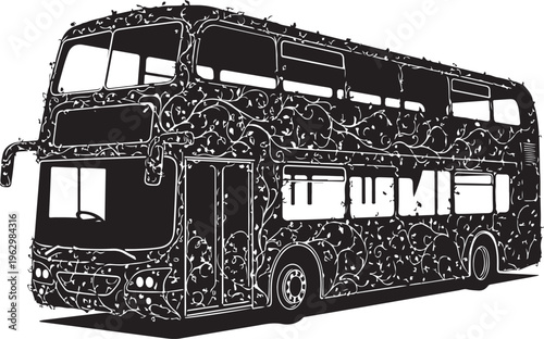 Black double decker bus with white outlines and textured surface