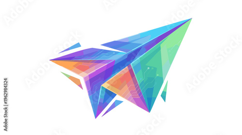 Geometric Paper Airplane with Circuitry Details, symbolizing Digital Communication & Innovation, in a Vibrant Polygonal Gradient Style, Isolated Vector Art.