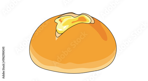 Vibrant vector illustration of a freshly baked golden brown bun, delightfully topped with a rich, melting dollop of yellow butter. Perfect for
