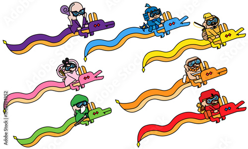 龍に乗って飛翔する七福神のイラスト 辰年の開運・縁起物デザイン