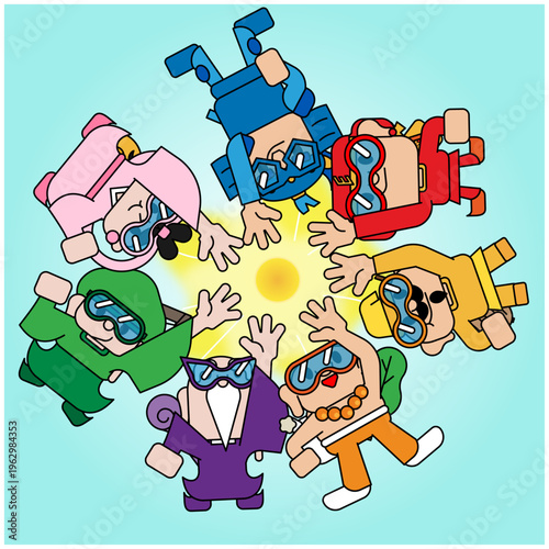 円陣を組む七福神のイラスト 団結と協力のポップな開運デザイン