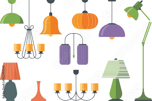 Modern lighting fixtures set featuring pendant lights chandeliers table lamps and floor lamps for stylish home interior vector illustration