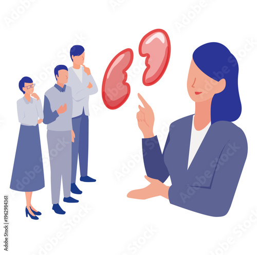 腎臓の仕組みを説明する医療スタッフと話を聞く人々のイラスト