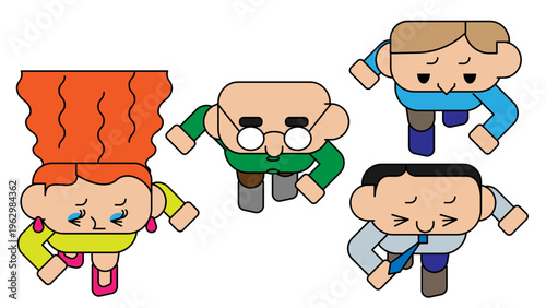 俯瞰視点のキャラクター素材集 前向きに歩む男女のフラットデザイン