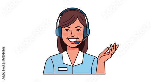 A vibrant cartoon illustration showcasing a smiling female customer support agent wearing a headset ready to offer professional assistance and