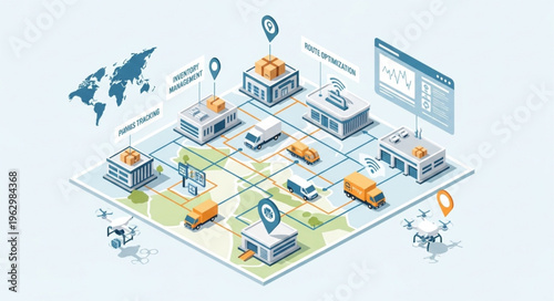 Isometric Global Logistics Network with Buildings, Trucks, and Drones.